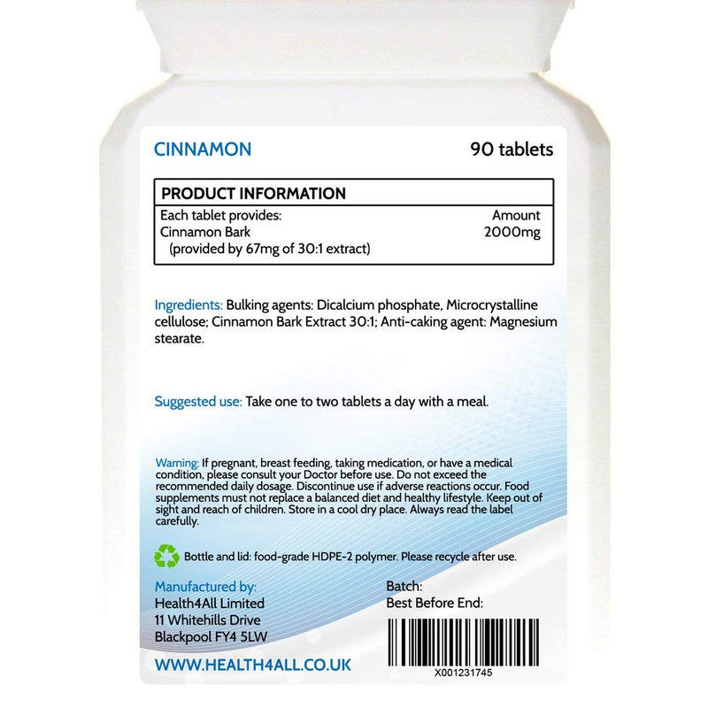 [Australia] - Cinnamon 2000mg 90 Tablets (V) (not Capsules) for Blood Sugar Control Made in The UK by Health4All 90 Count (Pack of 1) 