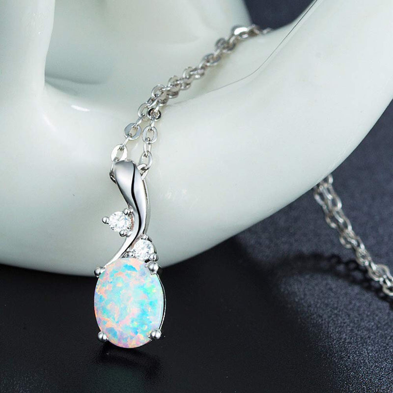 [Australia] - AILUOR Sterling Silver Created Gemstone Oval Birthstone Opal Pendant Necklace for Women Mother Girls 