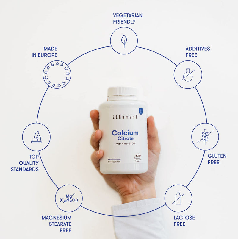 [Australia] - Calcium Citrate, with Vitamin D3, 120 Capsules | for Bone Health and to Prevent Low Levels of Calcium in The Blood | Additives Free, Allergen Free, Non-GMO | Zenement 