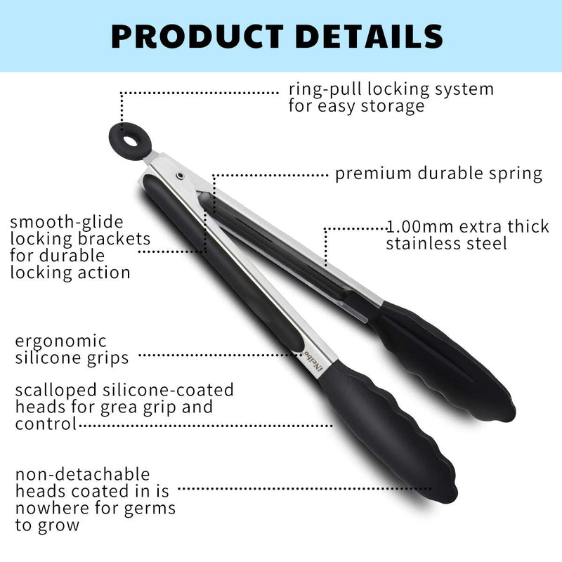 [Australia] - iNeibo Kitchen Tongs - 9'' & 12'' Non-Slip Smart Locking Stainless Steel Cooking Tongs with Silicone Tips for Grilling BBQ Serving Salad Ice (Black) Black 