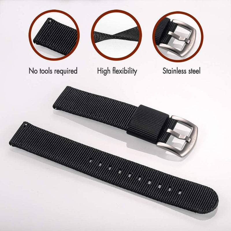 [Australia] - Torbollo Quick Release Watch Bands - Choice of Color, Width (18mm, 20mm, 22mm or 24mm) - Watch Straps, Quality Nylon Strap and Heavy Duty Brushed Buckle 18mm Black 