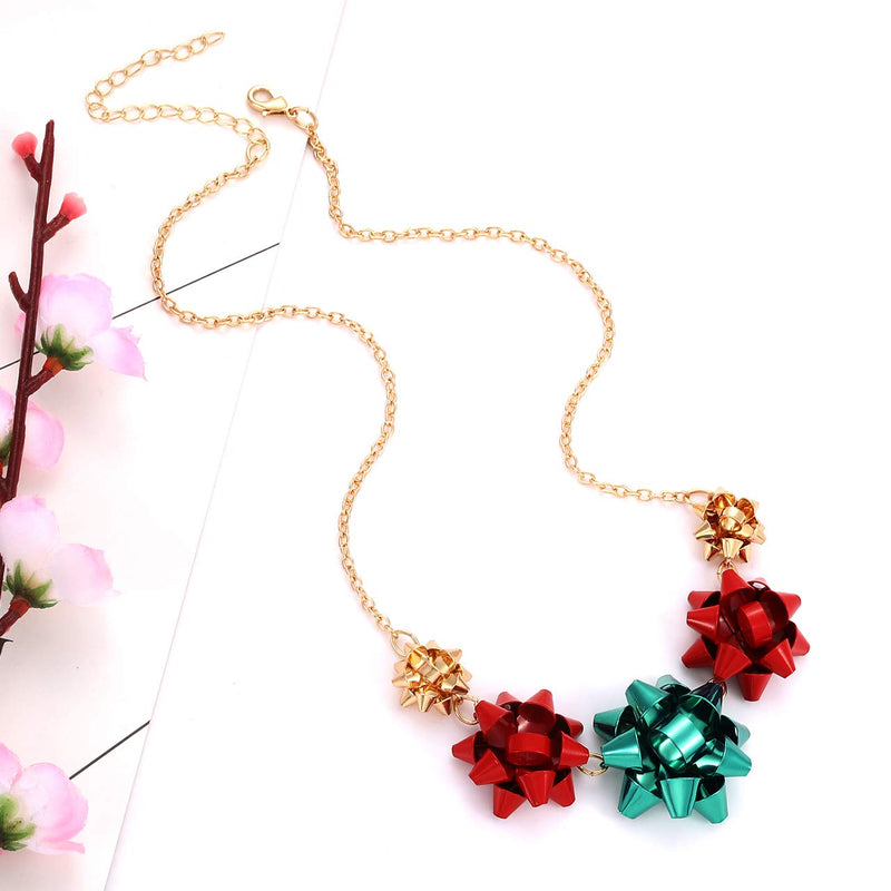 [Australia] - Christmas Necklaces Earrings Set For Women Statement Xmas Gift Bow Collar Necklace Drop Dangle Earrings Set Holiday Jewelry Gift gold red green 