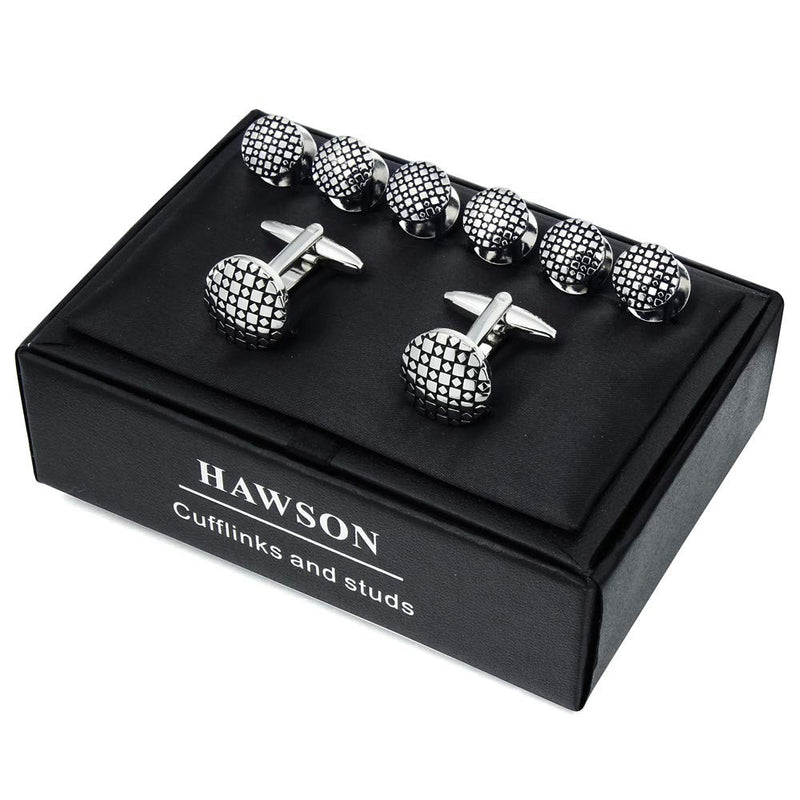 [Australia] - HAWSON Cufflinks and Studs for Men-Flower Pattern Men Fashion Tuxedo Shirt Silver Cufflinks and Studs Set for Regular Weeding Business Accessories 40166 