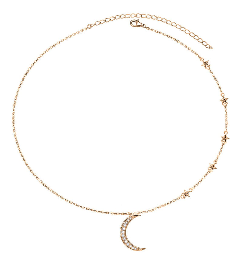 [Australia] - Savlano 14K Gold Plated Cubic Zirconia Round Cut Moon & Stars 18 Inches Pendant Chain Necklace for Women & Girls Yellow Gold 