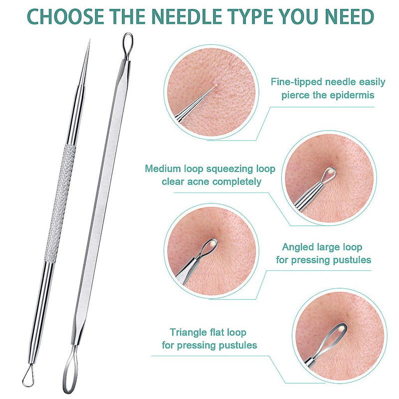 [Australia] - 5PCS Blackhead Remover Tool Set Acne Extractor Comedone Pimples Spot and Zit Removal Tool With Case (Silver) Silver 