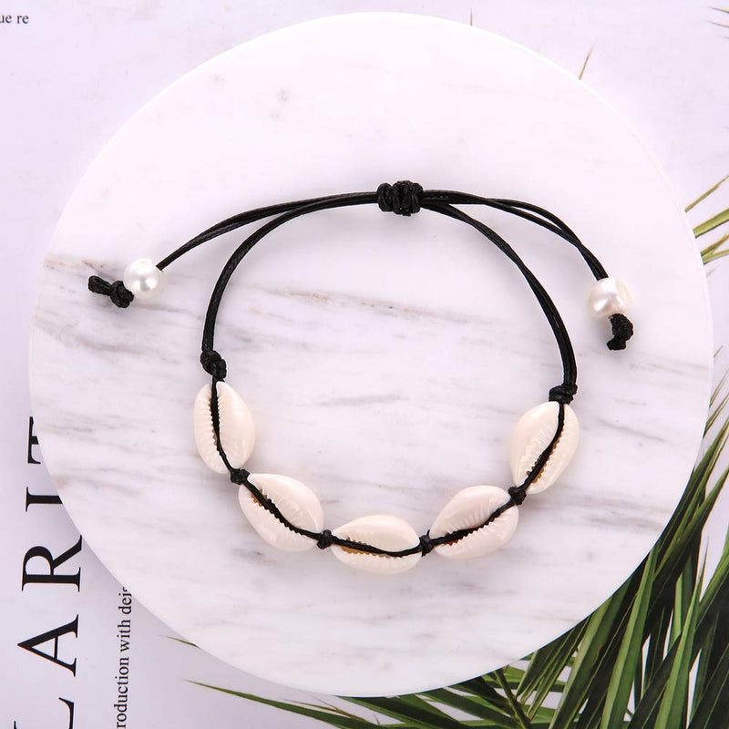 [Australia] - Natural Shell Necklace and Bracelet Jewelry Set Adjustable with Pearl Boho Handmade Cowrie Shell Choker Necklace Adjustable Beach Conch Jewelry for Women and Girls Bohemia Style 2# White-Black 