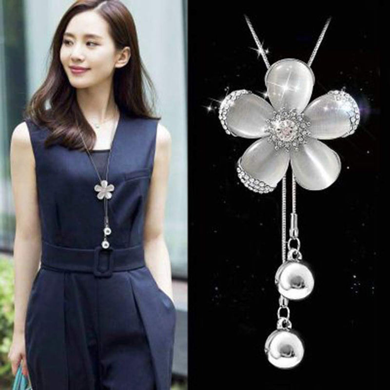 [Australia] - TULIP LY White Crystal Pendant Necklace Long Sweater Necklace Fashion Jewelry for Women Girls 5 Petals Flower Necklace 