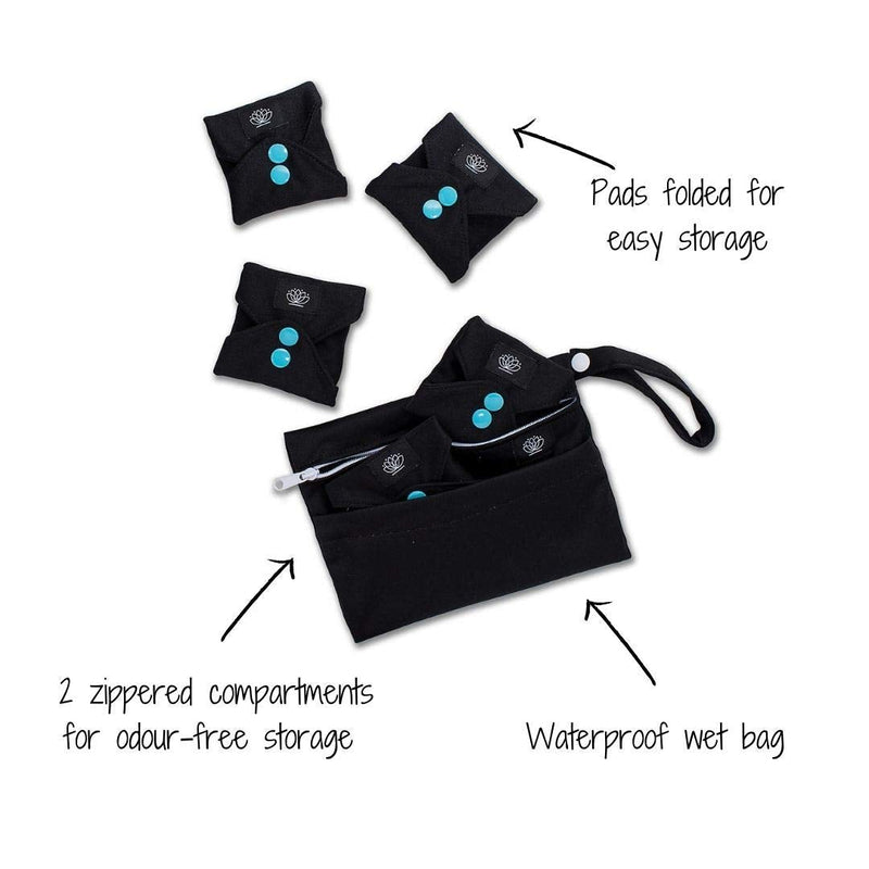 [Australia] - FLOATING LOTUS Reusable Sanitary Pads (5pk Small: Light to Medium Period Flow) Black Washable Bamboo Menstrual Towels Panty Liners inc Waterproof Bag 