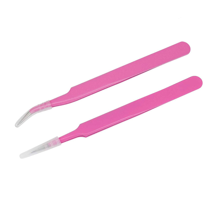 [Australia] - Roskio 2Pcs/set Pink Stainless Steel Tweezer For Eyelash Extension Straight or Bnd tweezers professional Nail Rhinestone Tweezers 