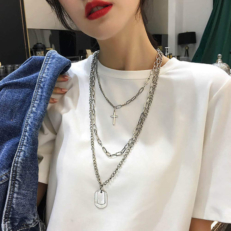 [Australia] - Women Girls Harajuku Streetwear Multilay Necklace Punk Hip hop Long Chain Stainless Steel Cross Lock Statement Pendant Multilayer Choker Necklace Fashion Jewelry 