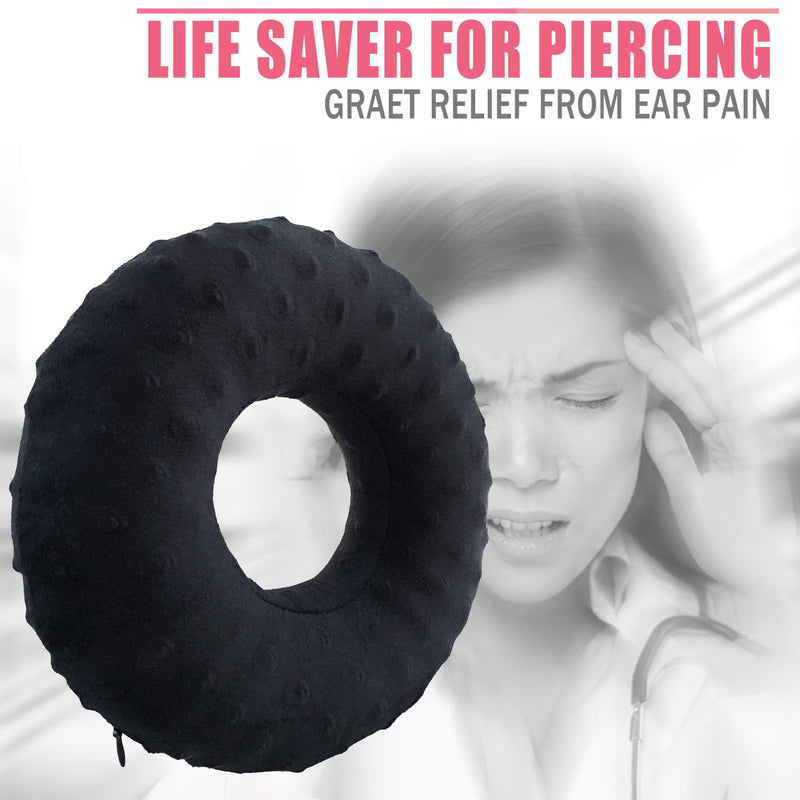 [Australia] - Piercing Ear Pillows CNH Donut Cushion with Hole for Side Sleeping, Ear Ache/Pain Lifesaver Tinnitus, Support Neck Head Minky Dot Black 