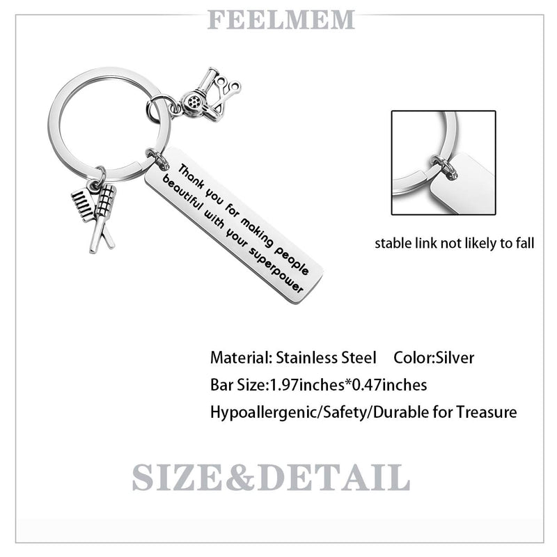 [Australia] - FEELMEM Hairdresser Gift Beautician Hairdresser Keychain Hair Stylist Gift Thank You for Making People Beautiful with Your Superpower Thank You Gift for Salon Owner Hair Stylist silver 