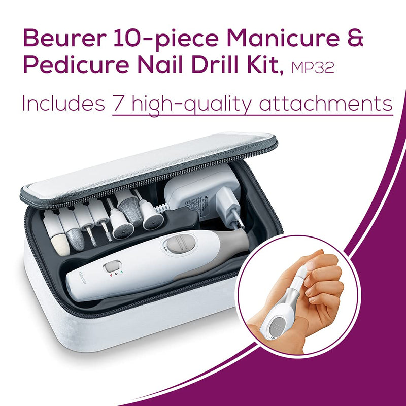 [Australia] - Beurer, 10piece Professional Nail Drill Kit for Manicure Pedicure Electric Nail File Set incl. 7 Attachments Pouch Nails Care Tool with 3 Speeds All in One Trimmer Grinder Polish MP32 10-Piece 