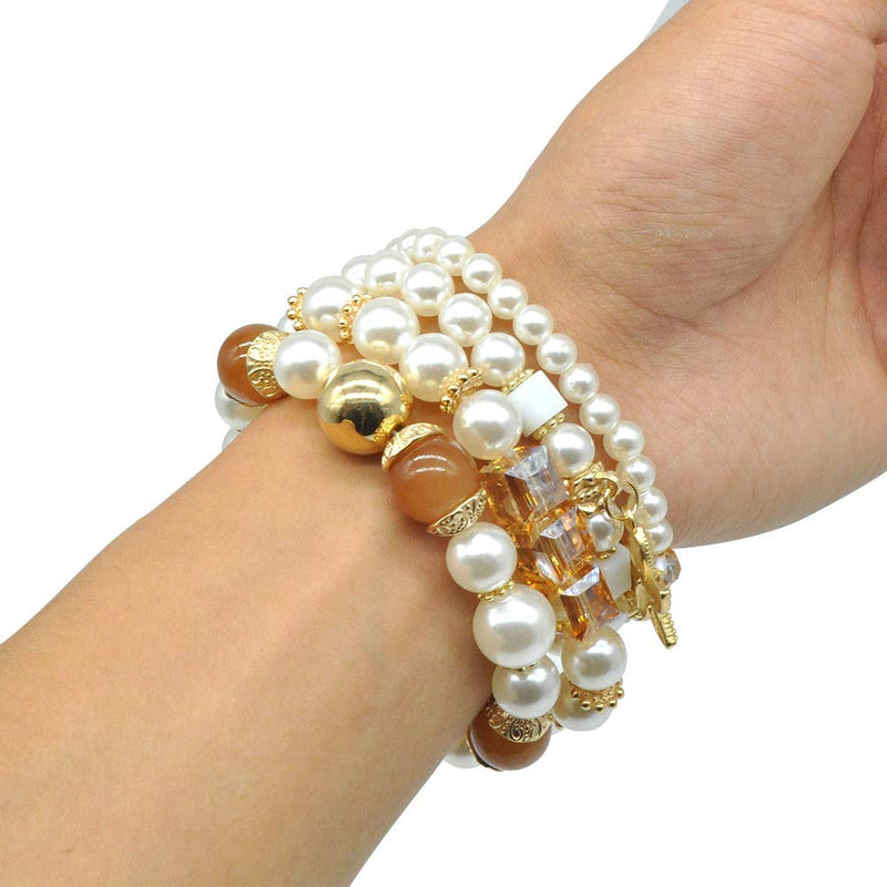 [Australia] - VONRU Pearl Charm Bracelet Set - 4 Sets Stackable Bracelets for Women, Multi Layer Beaded Statement Stretch Lovely Charm Bangles Tree of Life, Starfish Charm pearl bracelet set 