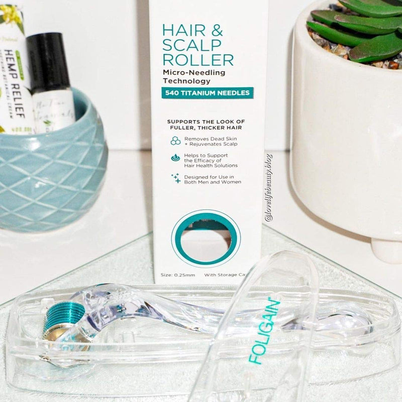 [Australia] - Foligain Hair & Scalp Roller - Microneedling Roller for Thinning Hair - 540 Titanium Microneedles at 0.25mm - Painless Derma Roller for Men & Women - Premium Micro Needling Roller - Stimulates Hair 