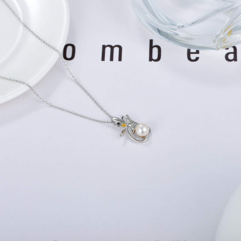 [Australia] - Zoeniya 7-8mm Handpicked White Freshwater Cultured Pearl Necklace s925 Sterling Silver Sunflower & Daisy Flower Pendant Necklace for Women Teen Girls Birthday 