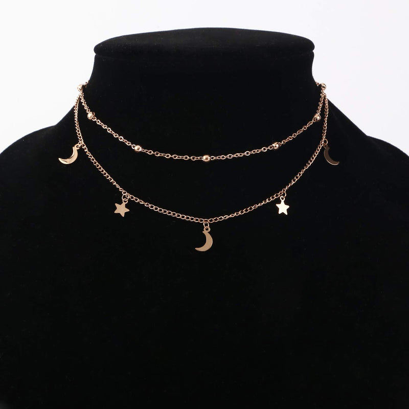 [Australia] - BaubleStar Star Moon Charm Necklace Layering Chain Choker for Women Girls Titanium Steel/Rose Gold 