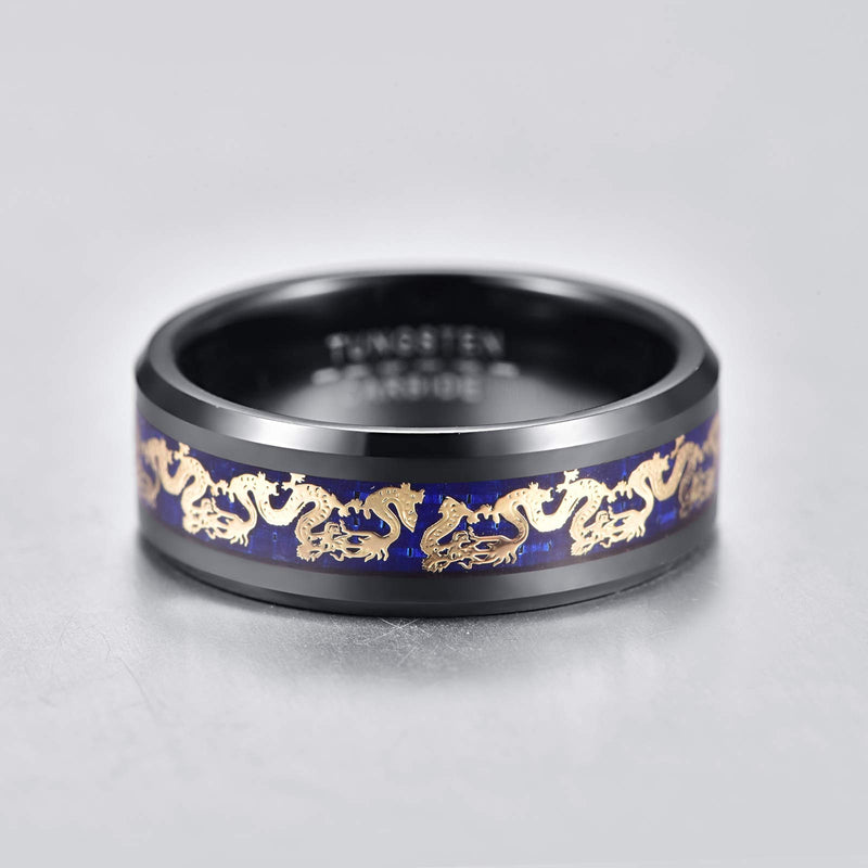 [Australia] - Merthus 8mm Men Carbon Fiber Inlay Wedding Band Black Tungsten Carbide Dragon Pinky Ring Comfort Fit Blue 8 