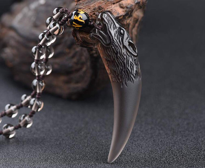 [Australia] - 100% Pure Carved Natural Genuine Obsidian Howling Wolf Head Amulet Necklace Pendant Wolf Teeth 