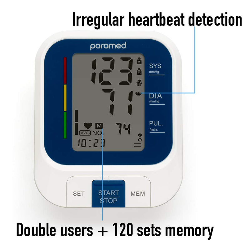 [Australia] - Paramed Blood Pressure Monitor - Automatic Upper Arm Bp Machine with Cuff 8.7"-15.7" - Digital BP Monitor - 120 Readings Memory Function, Large LCD - Batteries & Pouch Included 