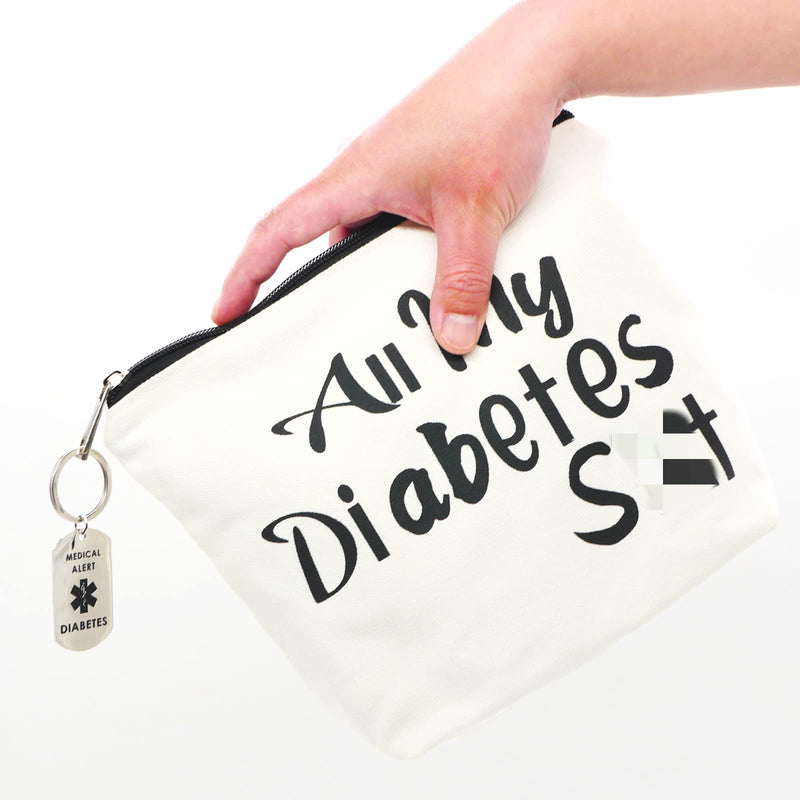 [Australia] - Diabetic Gifts All My Diabetes Funny Diabetic Travel Bag Pouch＋Diabetic Keychain Personalized Gift Diabetic Supplies for Grandma Grandpa Mom Dad Sister Brother for Birthday Christmas Gifts (White) White 