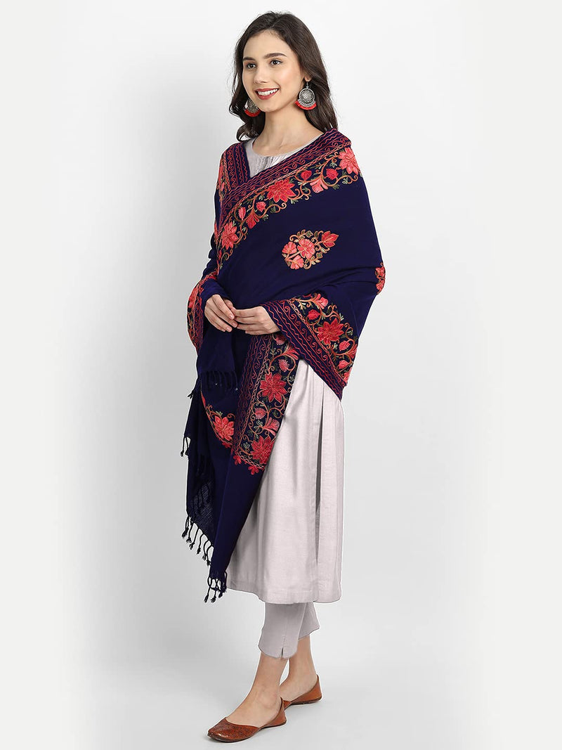 [Australia] - Kashmir Women Stole Shawl Scarf Wrap with Indian Embroidery Flower Blue 