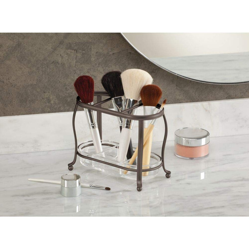 [Australia] - mDesign Decorative Makeup Brush Storage Organizer Tray Stand for Bathroom Vanity Counter Tops, Dressing Tables, Cosmetic Stations - 3 Sections with Removable Bottom Tray - Bronze/Clear 