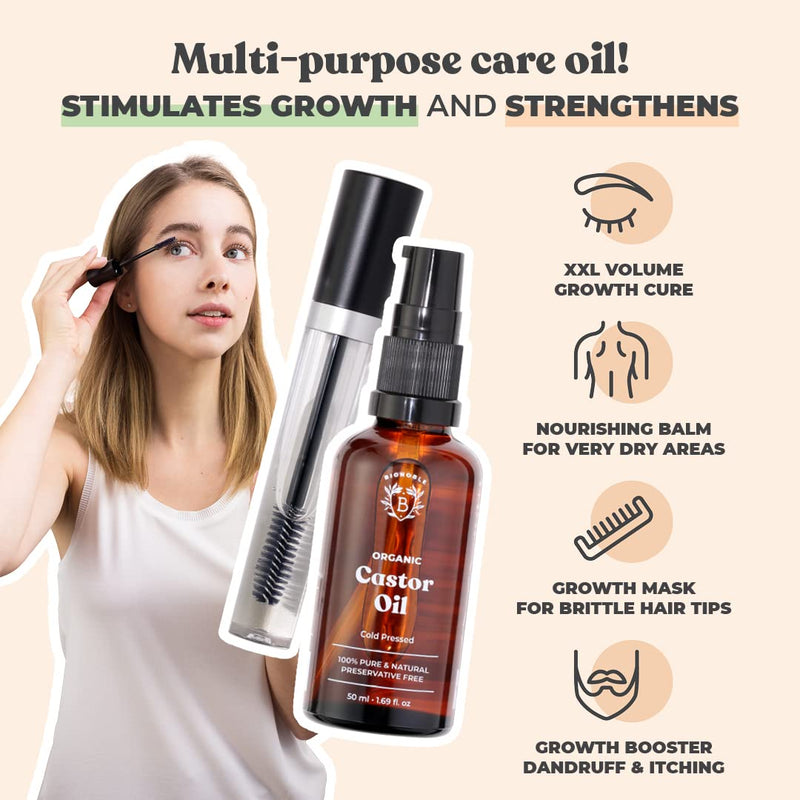 [Australia] - ORGANIC CASTOR OIL | 100% Pure, Natural & Cold Pressed | Lashes, Eyebrows, Body, Hair, Beard, Nails | Vegan & Cruelty Free| Glass Bottle + Pipette + Pump + Mascara Kit (50ml) 50ml (+Mascara) With Mascara 