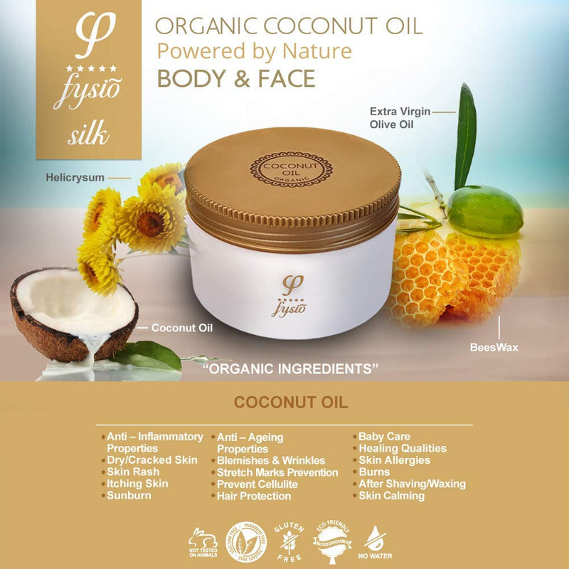 [Australia] - Fysio Organic Extra Virgin Coconut Oil for Skin Enriched with Beeswax, Olive Oil, Argan & Jojoba | Ideal as Natural Body Butter Moisturiser, Hydrating Hair Mask, Leave in Conditioner | 250ml 