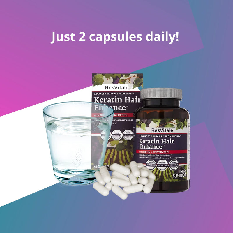 [Australia] - ResVitale Keratin Hair Enhance - Keratin Complex for Hair, Skin and Nails - Keratin Hair Booster with Resveratrol, Biotin, Vitamin B6, & Pantothenic Acid - 60 Veggie Caps 