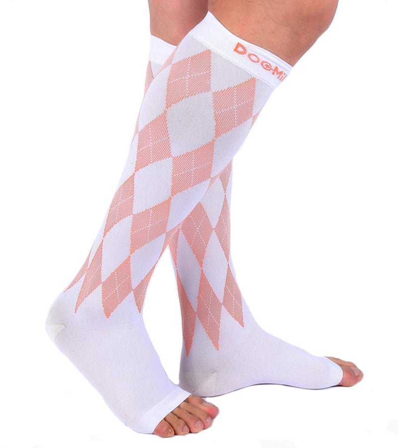 [Australia] - Doc Miller Open Toe Compression Socks Women 20-30mmHg, 1 Pair Toeless Socks for Women and Men - Argyle Design Large White.orange Open Toe 