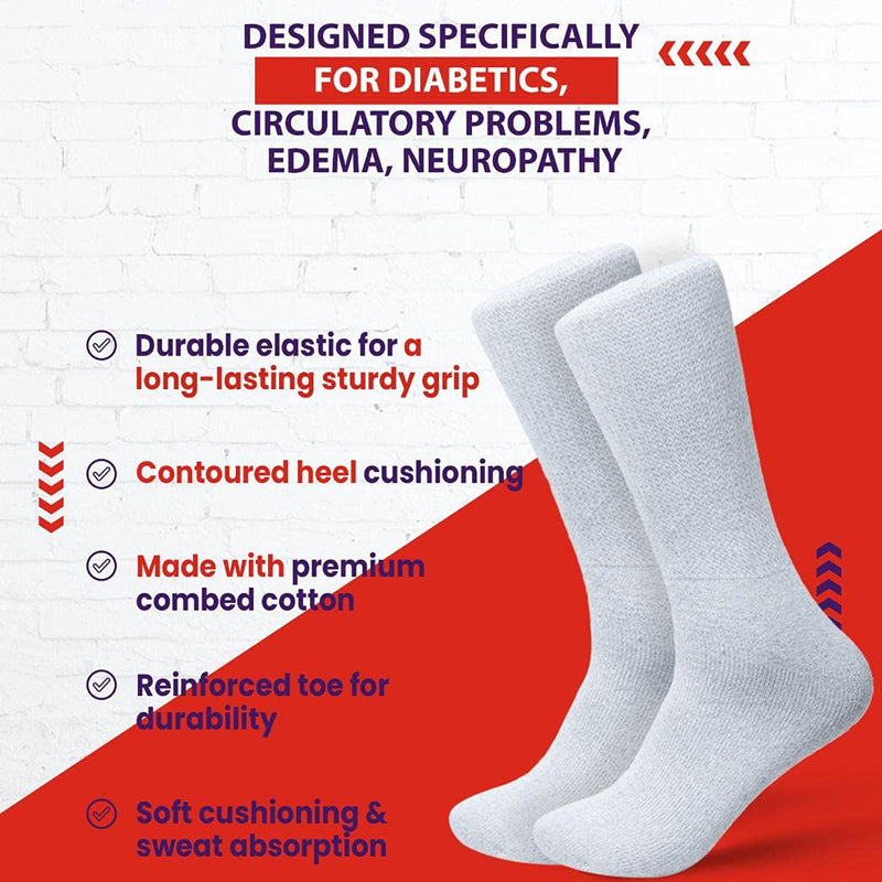 [Australia] - Diamond Star Diabetic Socks, Non-Binding Circulatory Cushion Cotton Crew Diabetic Socks for Men Women 3 Pairs White 13-15 