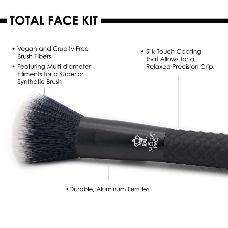 [Australia] - MODA Pro Total Face Travel Size Makeup Brush Set with Pouch, Includes - Powder, Foundation, Angle Shader, Smoky Eye, Brow Liner and Pointed Lip Brushes, Black 