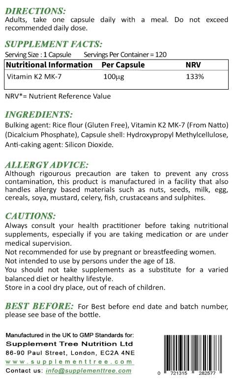 [Australia] - Vitamin K2 MK-7 Natto 100mcg 120 Capsules - VIT K Bone and Joint Support - UK Manufactured GMP Quality Assurance 