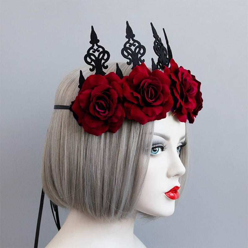 [Australia] - Gothic Floral Crown Headband Bridal Flower Garland Headband Hair Wreath Garland Floral Headpiece with Ribbon Women Girls Flower Tiara Hair Accessories for Wedding Cosplay Halloween Party Photography Wine Red 