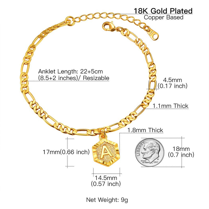 [Australia] - Suplight 4mm Adjustable Figaro Chain Initial Letter Anklet 22cm in Length, Stainless Steel 18K Gold Plated Ankle Foot Chain for Women Teen Girls -Customized Engravable Barefoot Jewelry A not-personalized 