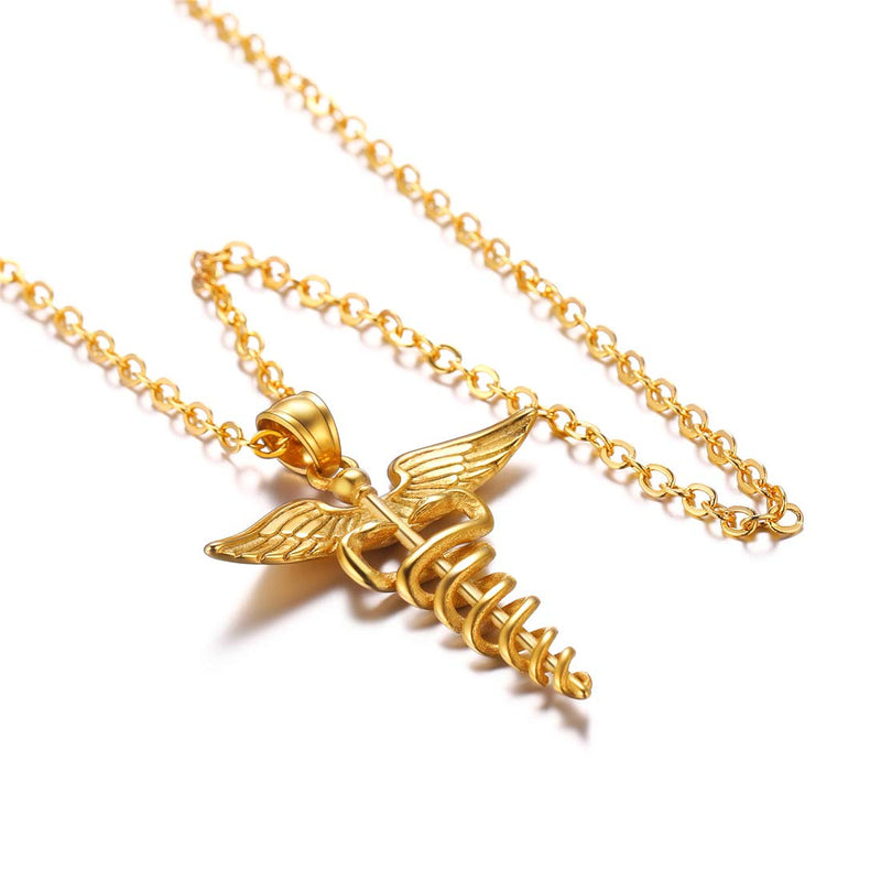 [Australia] - U7 Nurse RN Caduceus Necklace MD Gift Stainless Steel Nursing Angel Pendant, Chain 22" gold 