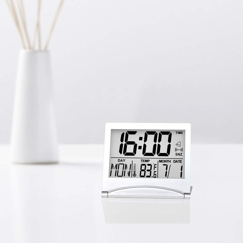 [Australia] - Betus Digital Travel Alarm Clock - Foldable Calendar Temperature Timer LCD Clock with Snooze Mode - Large Number Display, Battery Operated - Compact Desk Clock for All Ages (Silver) Silver 
