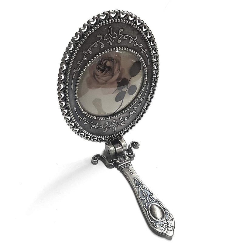 [Australia] - Handheld Mirror Antique with Stand Double Folding Sided Matt Silver for Makeup Mirror 18cm (7 inch) 