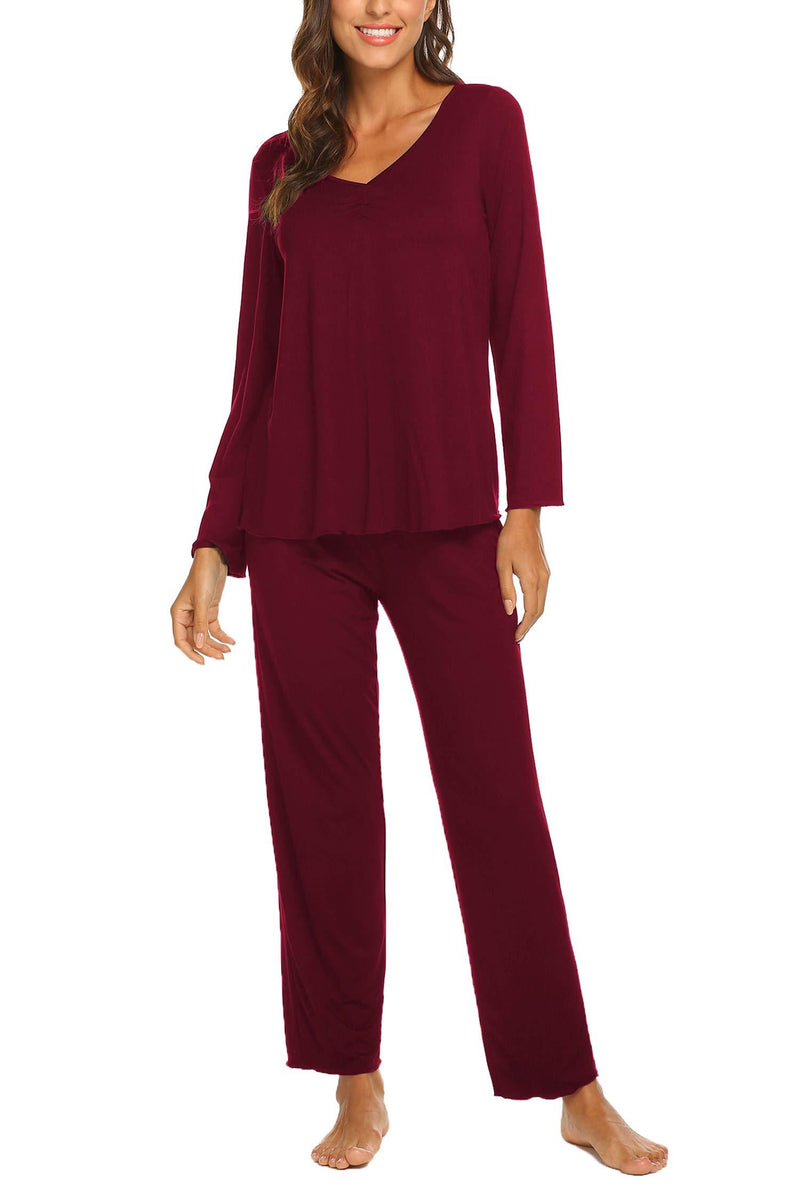 [Australia] - MAXMODA Womens Pyjamas Set Pj Set Long Sleeve Tops and Full Length Pyjama Pants Sleepwear Set Wine Red L 