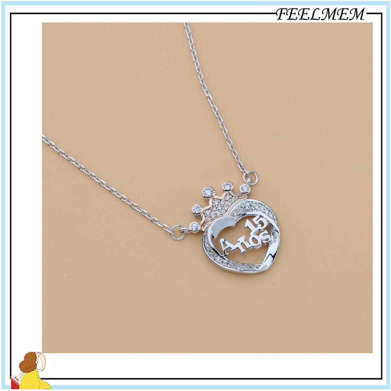 [Australia] - FEELMEM 15th Birthday Gift for Girl Crown Sweet 15 Anos Quinceanera Necklace Quince Jewelry Girls Sweet 15 Birthday Jewelry Fifteenth Gift silver 