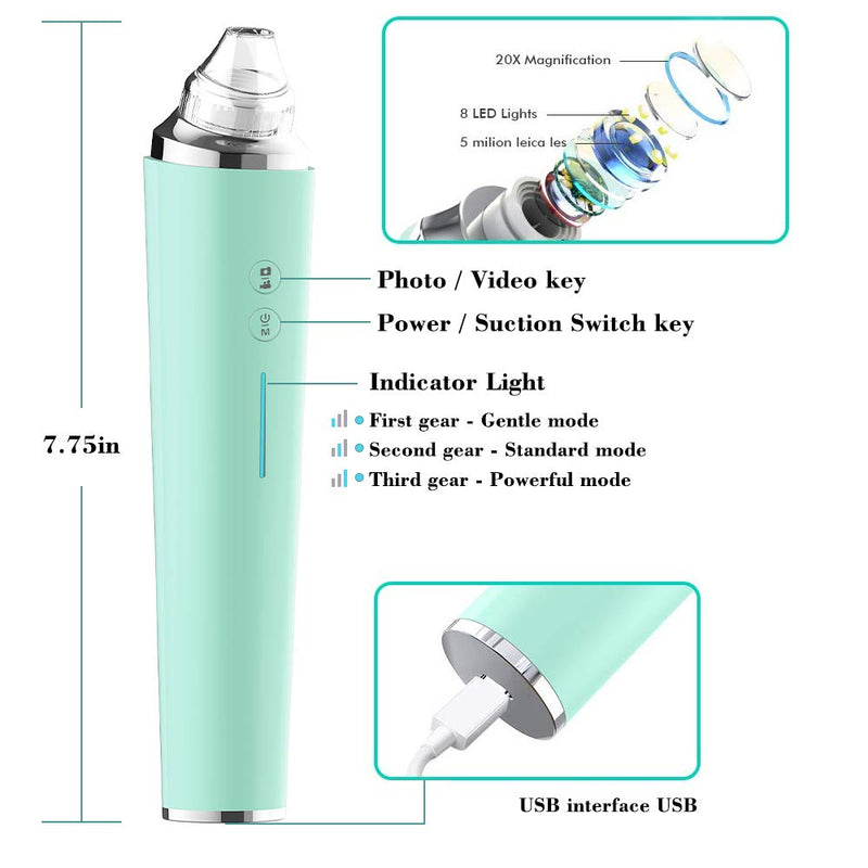 [Australia] - CLEASO Blackhead Remover Vacuum, Pore Vacuum With Camera, Upgraded Face Suction Pore Cleanser, 3 Suction Power & 6 Probes, Usb Rechargeable Built-In Camera & Wifi Real-Time Skin Screen (Green) green 