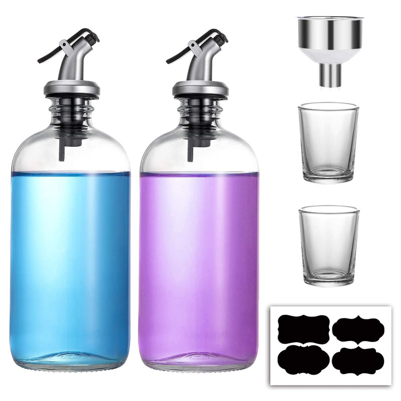 [Australia] - 16-Ounce Glass Mouthwash Dispenser - Clear Glass Bottle with Pour Spout, Shot Glass, Funnel and Labels, Refillable Boston Round Bottles - 2 Pack 