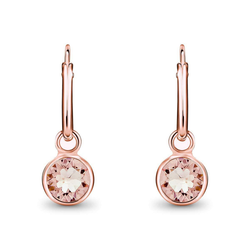 [Australia] - DTPsilver® 925 Sterling Silver Rose Gold Plated SMALL Hoops Earrings - Dangling 5 mm Round Glittering Crystals from Swarovski® Elements - Diameter 14 mm Light Rose 