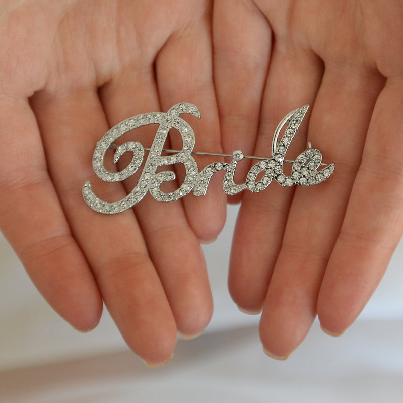 [Australia] - Mariell Crystal Rhinestone Bride Brooch Pin in Script Lettering - Bachelorette & Bridal Shower Gift! 