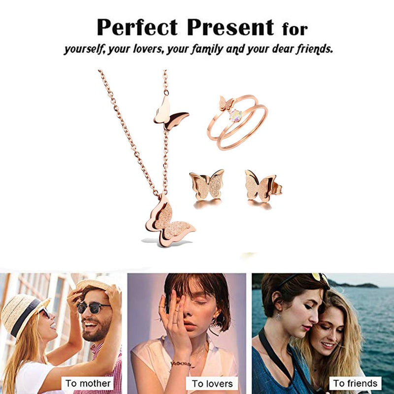 [Australia] - 18k Rose Gold Butterfly Stud Earrings Necklace Ring Set for Women Size 9 