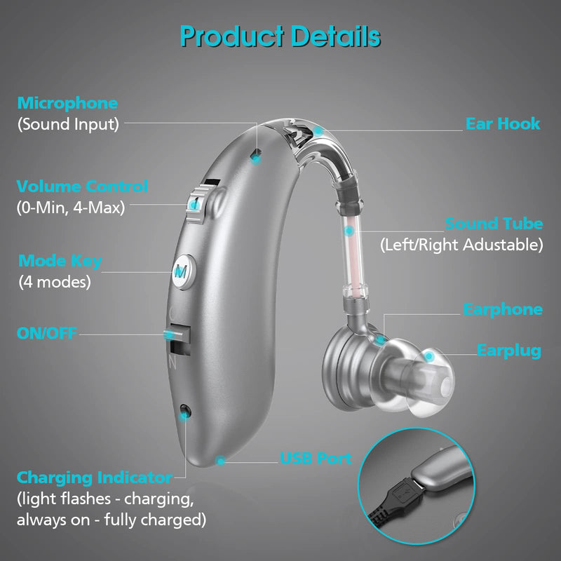 [Australia] - Accistella GM-105 Hearing Aids for Adults Seniors, Rechargeable BTE (Behind The Ear) Hearing Amplifier with Upgraded Noise Reduction, Silver Gray 