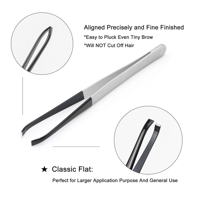 [Australia] - Precision Tweezers Professional Set 4pcs, Flat, Pointed, Slanted Tweezers for Eyebrows and Acne Needle, Tweezer Set for Men and Women with Leather Case, Also Ideal for Lash, Ingrown Hairs, Blackheads Black and Silver 