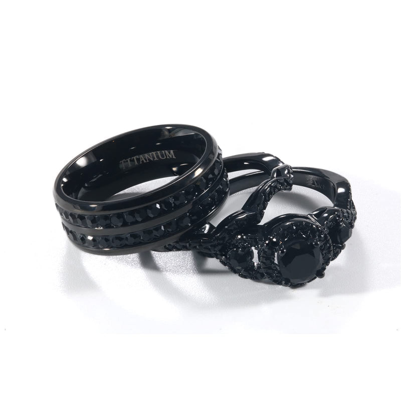 [Australia] - ringheart 2 His and Hers Ring Couple Rings Black Cz Three Stone Womens Wedding Ring Sets Titanium Steel Mens Wedding Bands women's size 6 & men's size10 