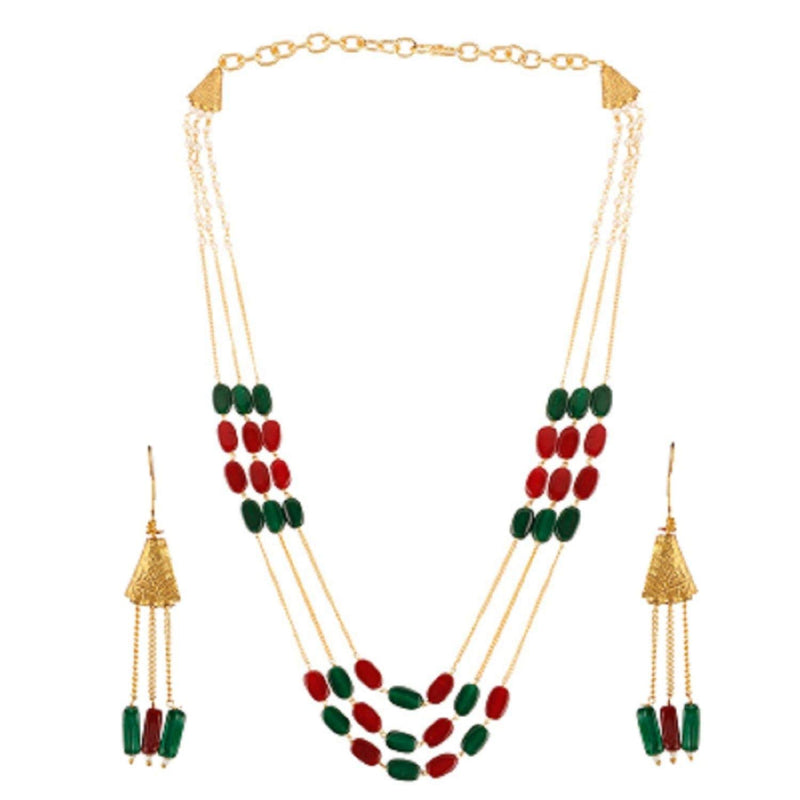 [Australia] - Efulgenz Indian Multi Layered Bollywood Red Green Faux Ruby Emerald Pearl Beads Wedding Bridal Necklace Earrings Jewelry Set Multicolor 